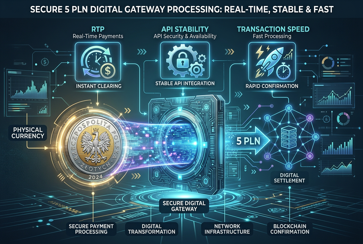 Infografika przedstawiająca monetę 5 PLN wchodzącą w cyfrowy interfejs kasyna z widocznymi wskaźnikami RTP i stabilności API