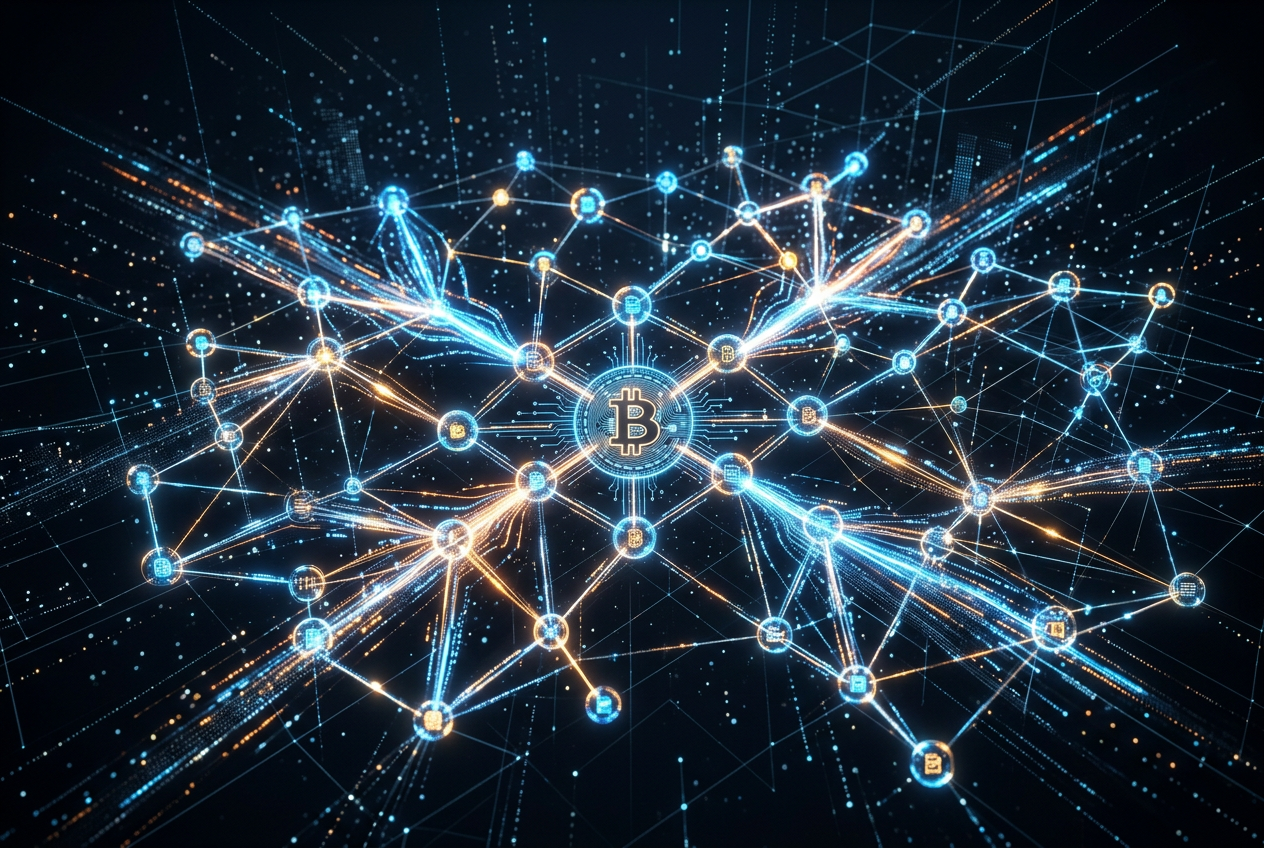 Abstrakcyjna wizualizacja sieci blockchain Bitcoin z węzłami i połączeniami danych