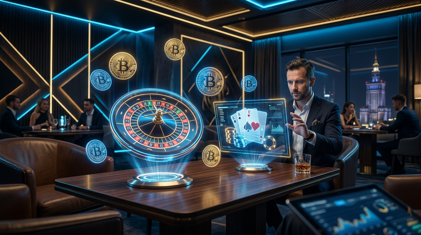 Futurystyczne kasyno online z symbolami Bitcoin i hologramami gier