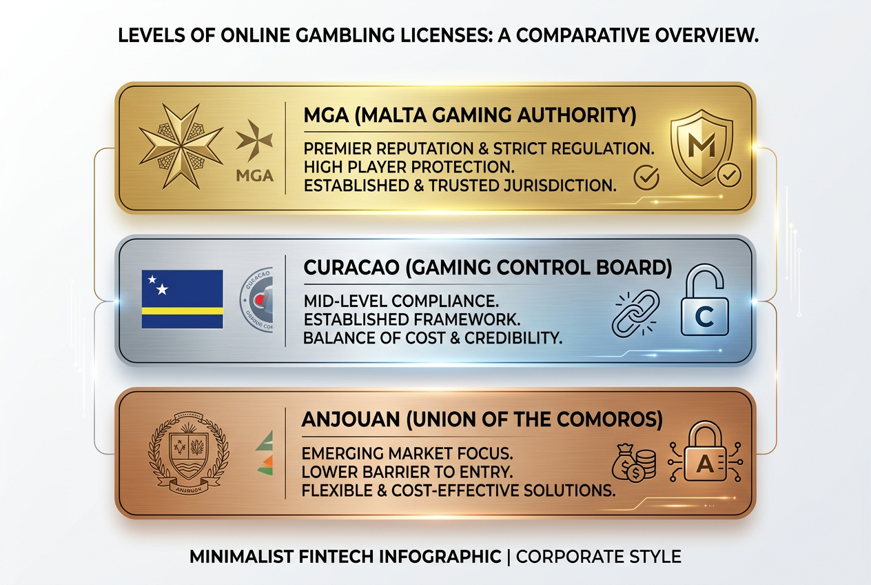 Hierarchia licencji iGamingowych 2026: MGA, Curacao i Anjouan
